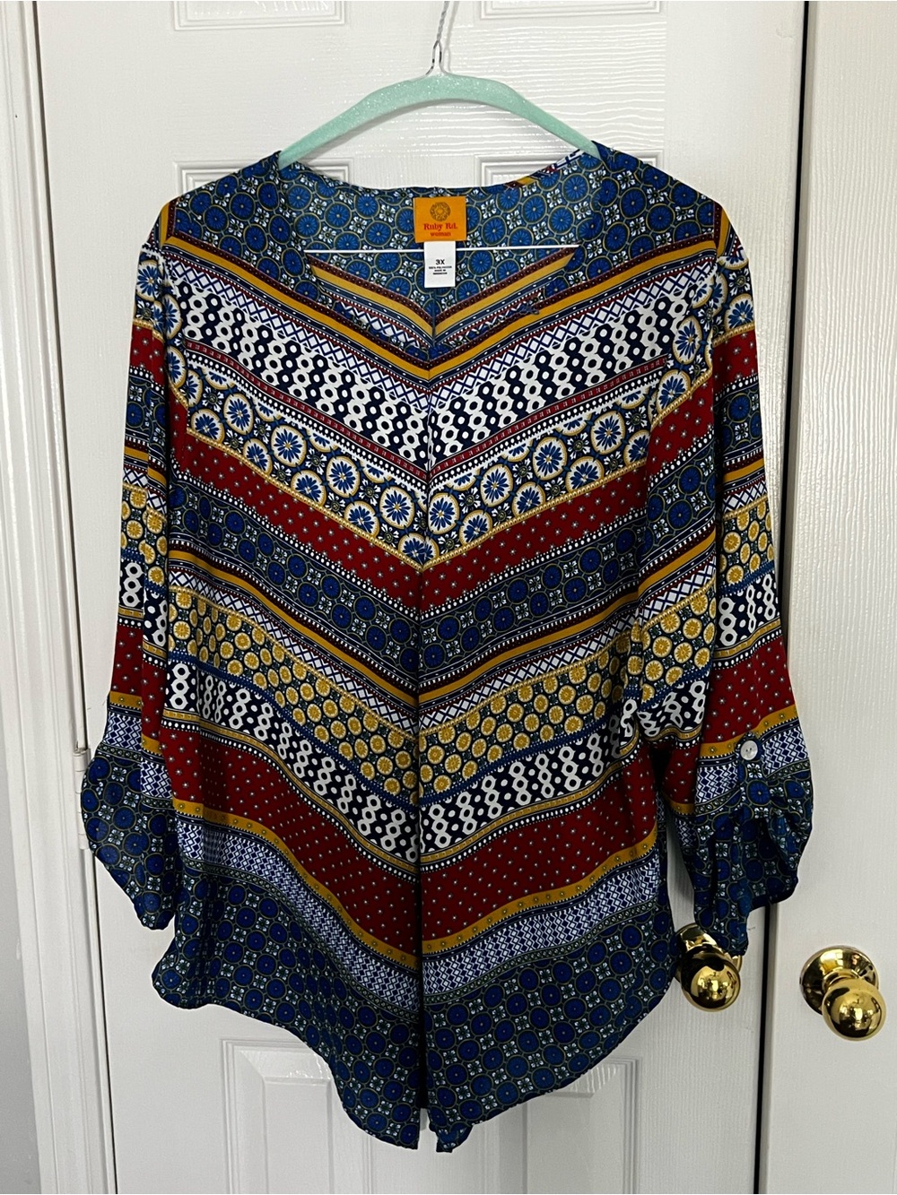 Ruby Rd. Multicolor Chevron & Medallion Print Blouse (Red, Navy, Yellow)